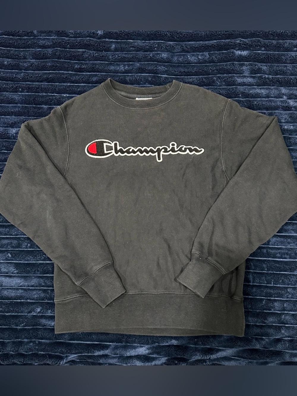 Champion men’s Black Crewneck Sweatshirt with Red & White Logo